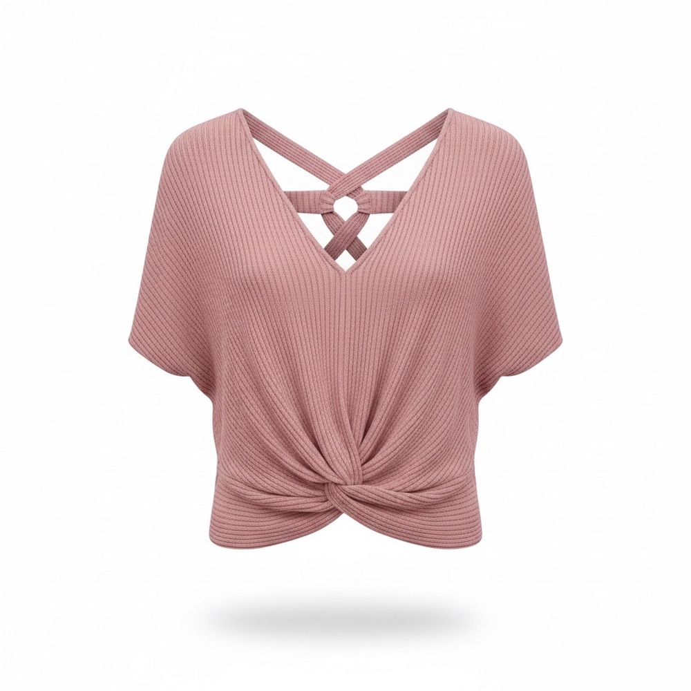 Daytrip Ribbed Twist Front Crop Top Crisscross Back Dusty Rose